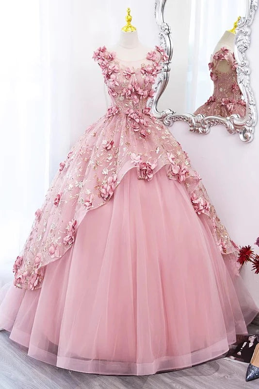 Princess Pink Tulle Long Quinceanera Dress, Puffy Prom Gown With Flowers CHP0291