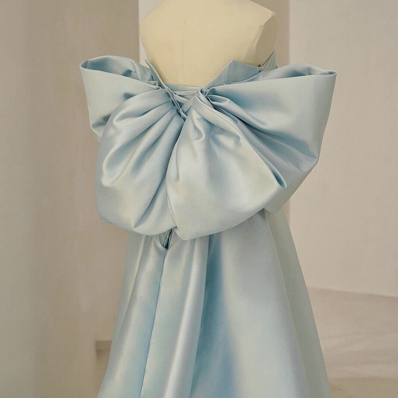 Sky Blue Strapless Satin Long Prom Dress With Bowknot, A Line Evening Gown CHP0333
