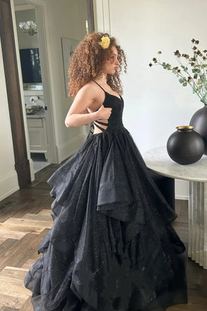 Black Tulle A Line Sequin Long Prom Dress Glitter Graduation Evening Dresses CHP0460