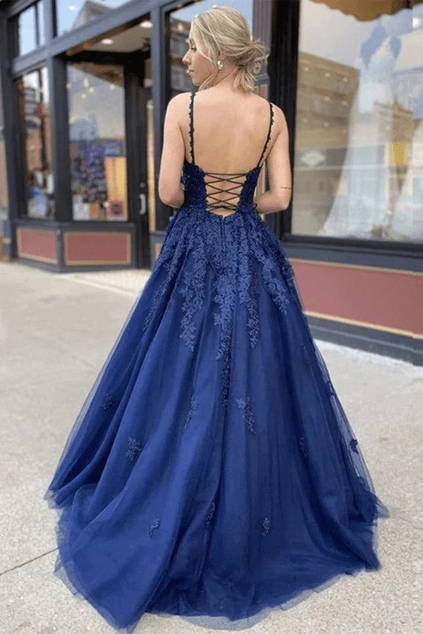 A-line Navy Blue Tulle Lace Long Prom Dress, Evening Dress CHP0247