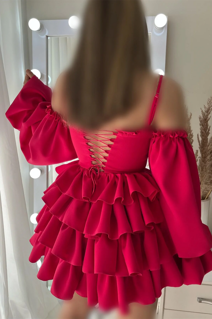 Spaghetti Straps Ruffled Long Sleeves Layers Homecoming Dress chh0159