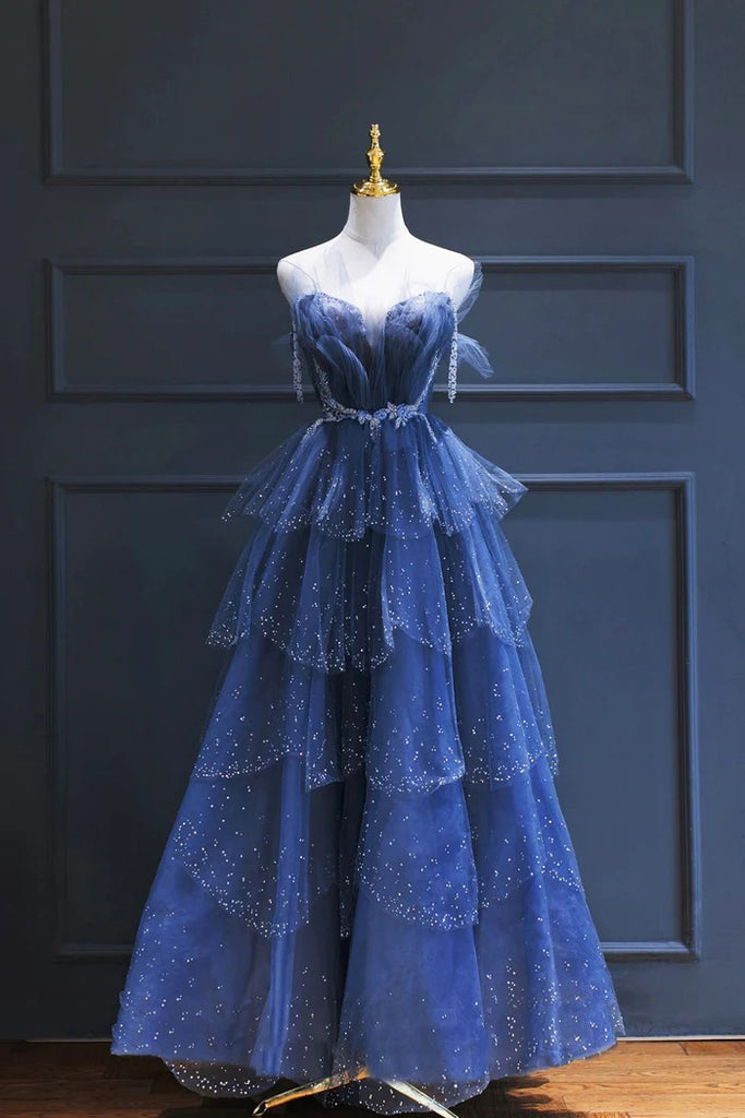 Blue Tulle Beaded Long Senior Prom Dress, A-Line Evening Party Dress CHP0318