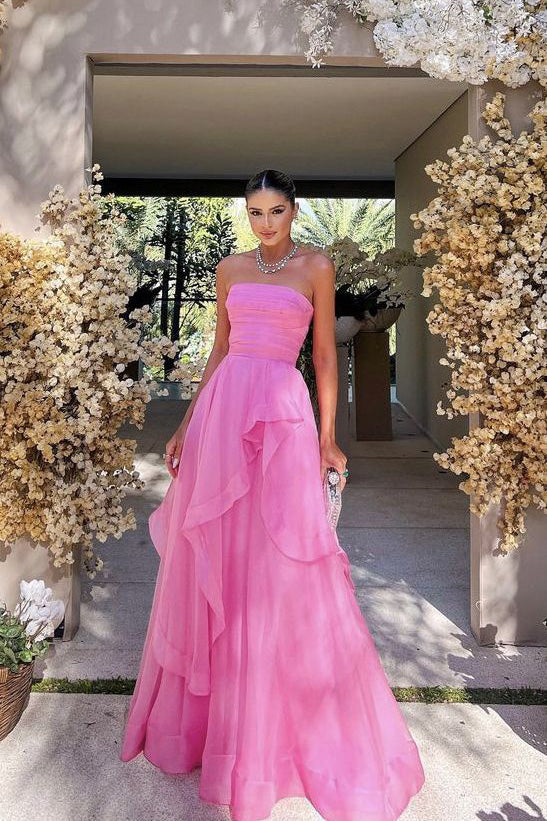 Gorgeous A-Line Pink Strapless Long Prom Dress With Ruffles, Formal Dress CHP0241