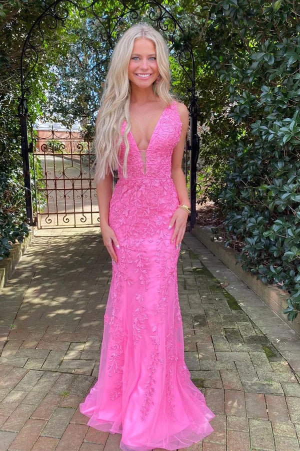 Hot Pink Mermaid Deep V-Neck Prom Dress With Appliques, Long Formal Dresses CHP0300