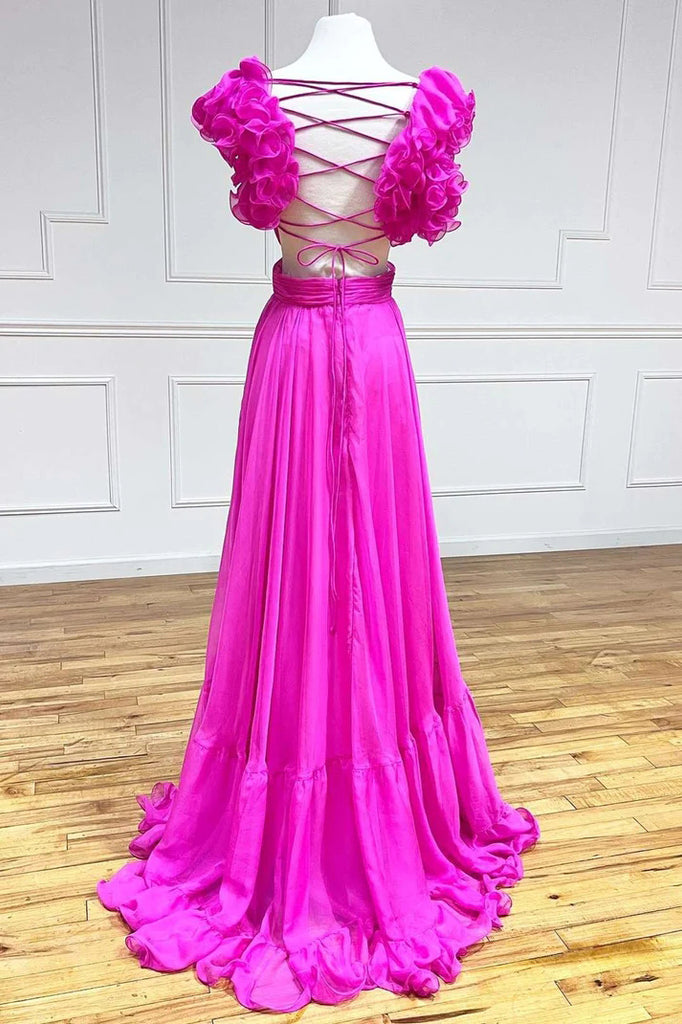 Hot Pink Ruffles Lace-Up Back A-Line Prom Dress, Formal Evening Dresses CHP0234