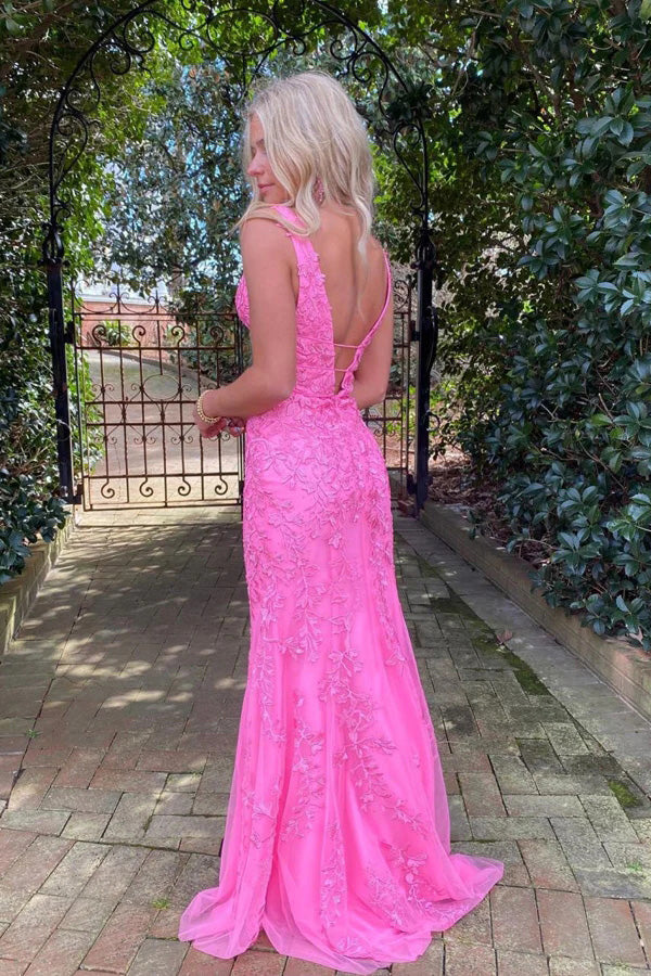 Hot Pink Mermaid Deep V-Neck Prom Dress With Appliques, Long Formal Dresses CHP0300