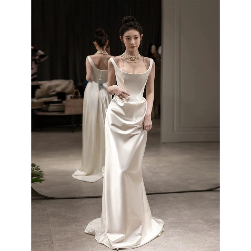 Satin A Line Long Wedding Dresses, Elegant Wedding Dress CHW0202