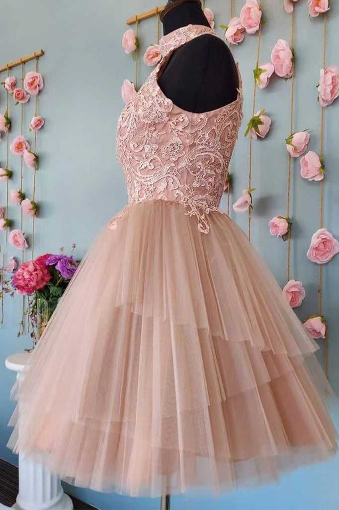 Halter Open Back Short Lace Prom Dress, Formal Graduation Dress, Sweet 16 Dresses chh0177