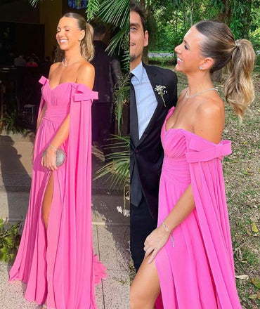 Hot Pink A Line Off Shoulder Prom Party Dress Long Formal Evening Dress CHP0416