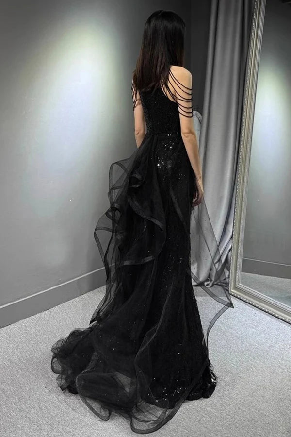 Black Sleeveless Sequined Long Prom Dress With Ruffles, Mermaid Party Gown CHP0344