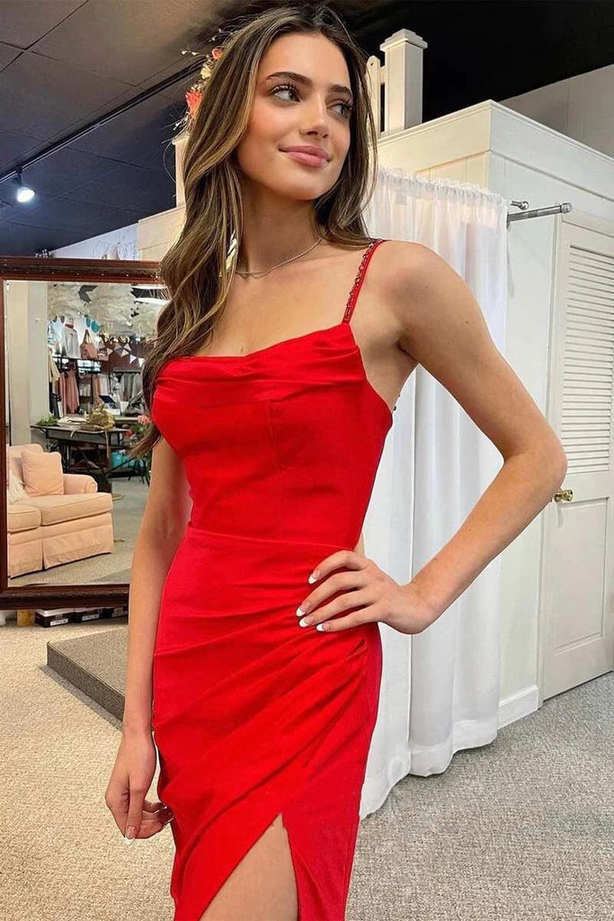 Red Cowl Neck Cutout Back Ruching Long Prom Dress, Formal Dress with Slit CHP0281