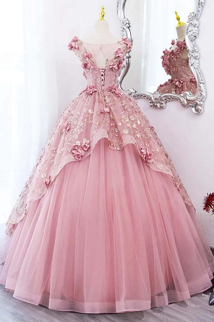 Princess Pink Tulle Long Quinceanera Dress, Puffy Prom Gown With Flowers CHP0291