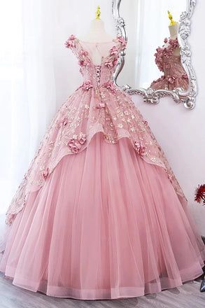 Princess Pink Tulle Long Quinceanera Dress, Puffy Prom Gown With Flowers CHP0291