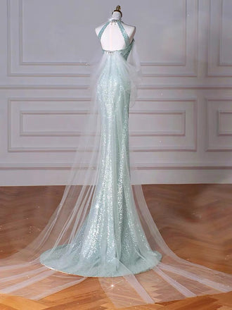 Mint Green Sequins Removable Sleeves Halter Long Prom Gown, Formal Dresses CHP0337