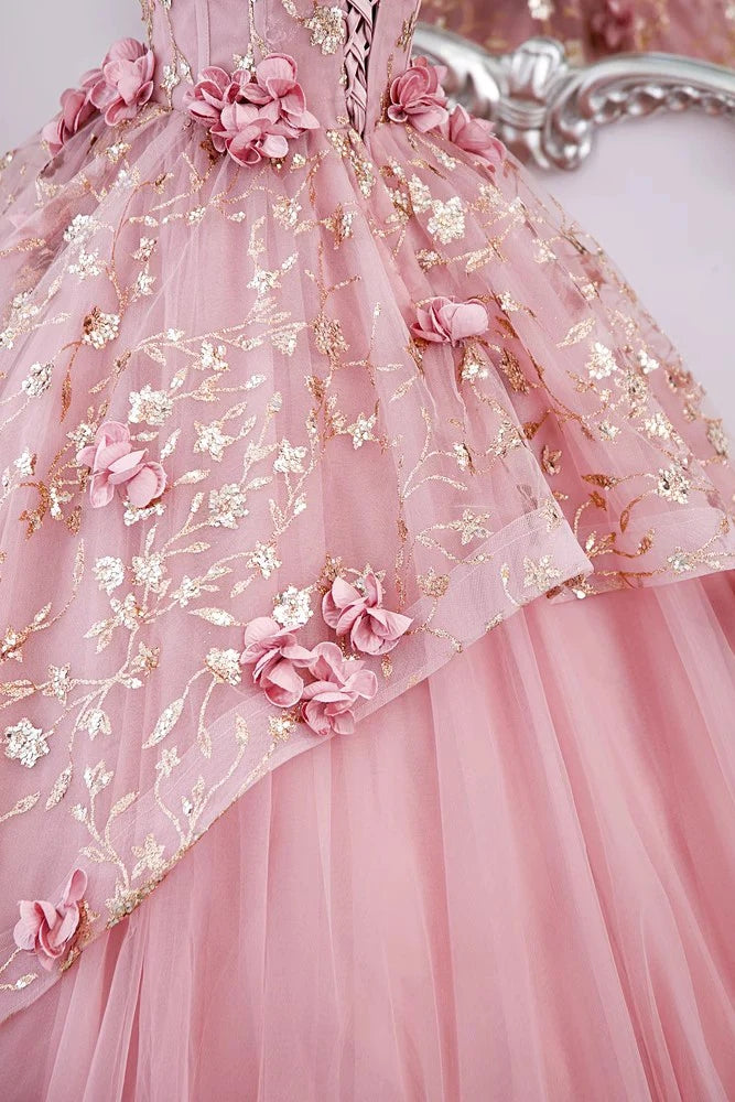 Princess Pink Tulle Long Quinceanera Dress, Puffy Prom Gown With Flowers CHP0291