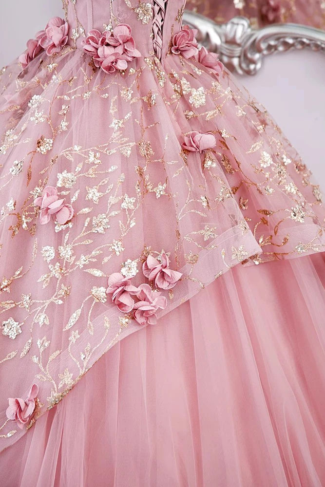 Princess Pink Tulle Long Quinceanera Dress, Puffy Prom Gown With Flowe cherishgirls Princess Pink Tulle Long Quinceanera Dress, Puffy Prom Gown With Flowe cherishgirls