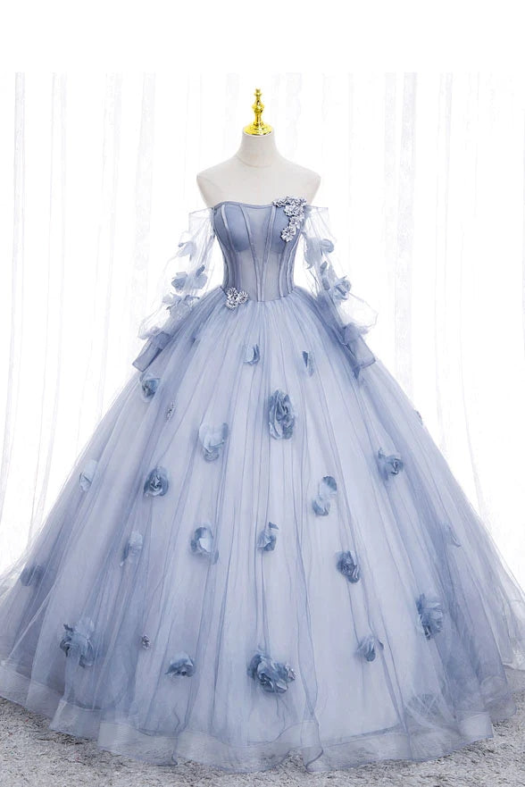 Off The Shoulder Blue Tulle Prom Dress With Flowers, Princess Quinceanera CHP0254