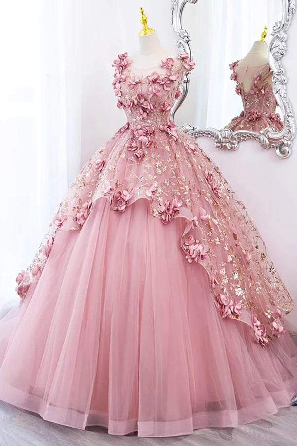 Princess Pink Tulle Long Quinceanera Dress, Puffy Prom Gown With Flowers CHP0291 Princess Pink Tulle Long Quinceanera Dress, Puffy Prom Gown With Flowers CHP0291