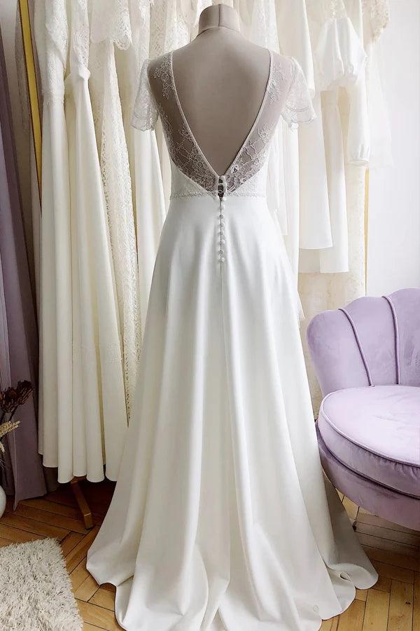 Simple Romantic A-line Modest Wedding Dress, Beach Bridal Dress CHW0205