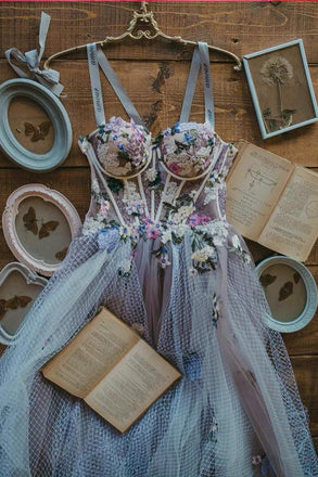 Elegant Dusty Lavender Floral Spaghetti Strap Sweetheart A-line Tulle Long Prom Dress  CHP0219