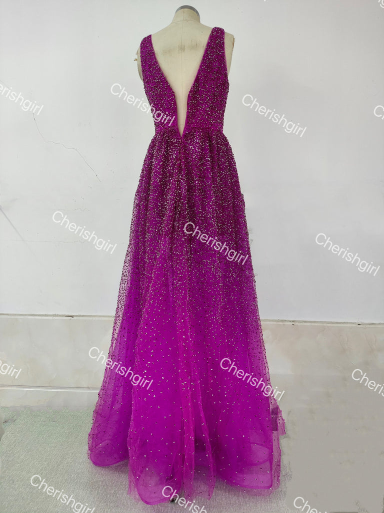 Shiny Purple Deep V Neck Long Prom Dress, Formal Dress with Slit CHP0282
