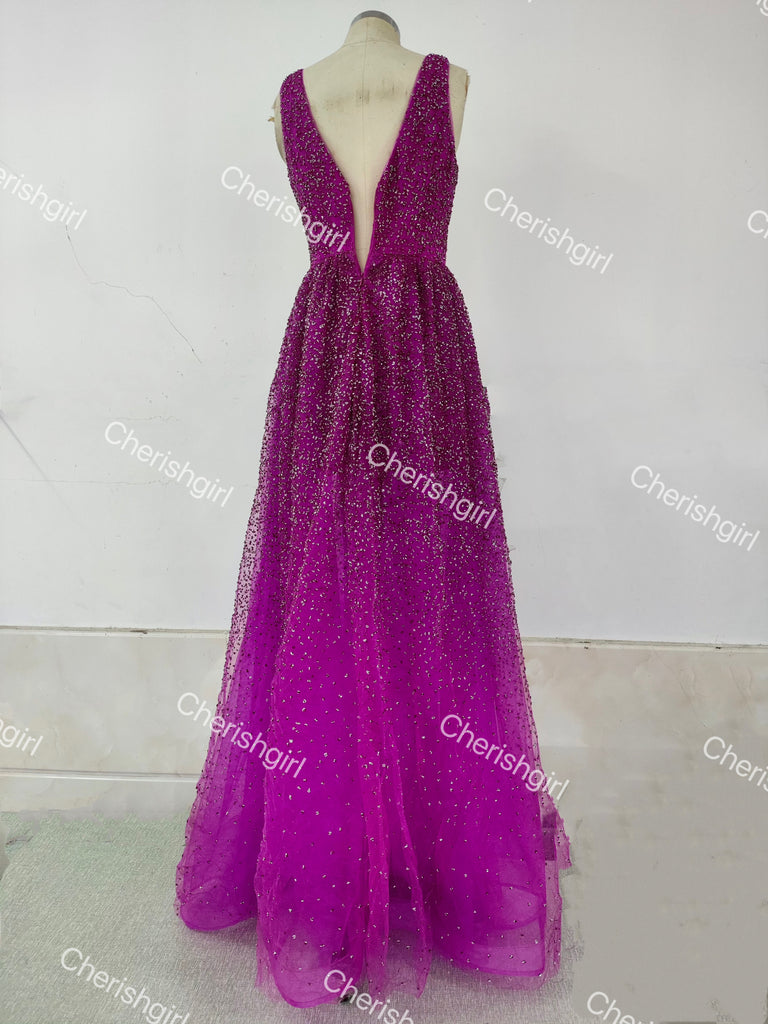 Shiny Purple Deep V Neck Long Prom Dress, Formal Dress with Slit CHP0282