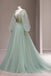 Mint Green Tulle Puff Sleeve V Neck Long Prom Gown, Formal Dresses CHP0287