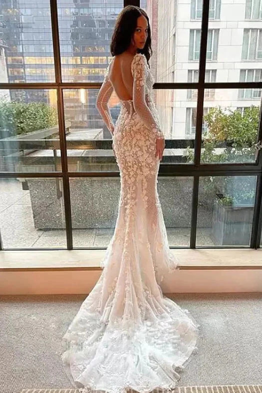 Illusion Mermaid Long Sleeves Square Neck Tulle Appliques Wedding Dress, Bridal Gown CHW0181