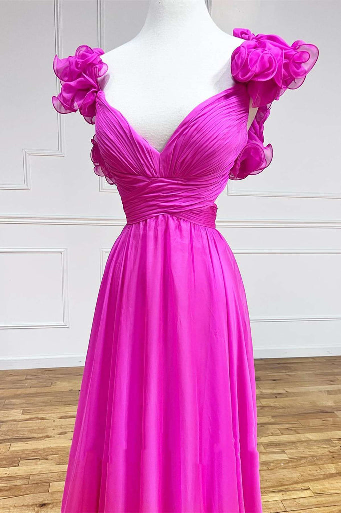 Hot Pink Ruffles Lace-Up Back A-Line Prom Dress, Formal Evening Dresses CHP0234
