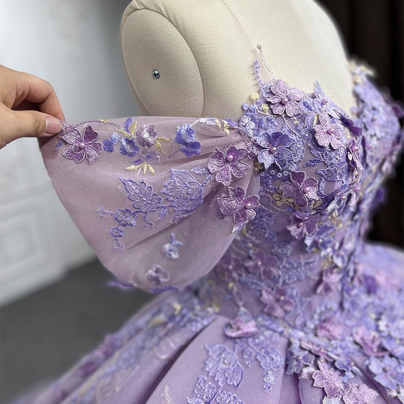 Purple Off The Shoulder Ball Gown Prom Dress, Princess Quinceanera Dresses With Applique CHP0269