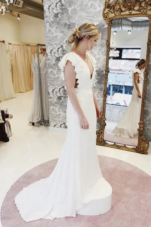 Mermaid V-Neck Cap Sleeves Wedding Dress with Ruffles, Bride Dress CHW0192