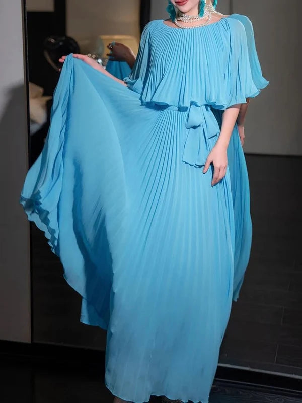 A Line Blue Pleated Chiffon Long Evening Dress, Party Dresses with Ruffles CHP0436