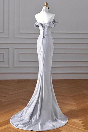 Off The Shoulder Evening Gown With Slit, Sparkly Mermaid Silver Sequin Prom Dress CHP0288