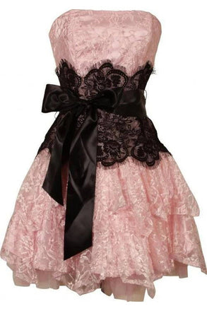 A Line Strapless Lace Short Homecoming Gown with Bow, Pink Cute Hoco Dress CHP0457