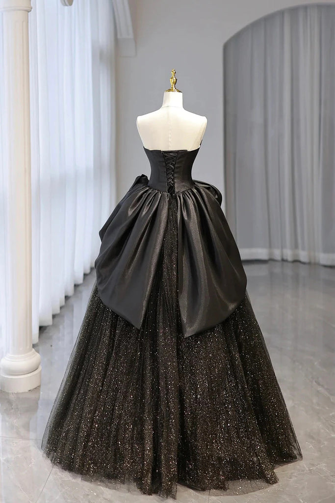 Black Strapless Satin and Tulle Long Prom Dress, Beautiful A-Line Evening Party Dress CHP0321