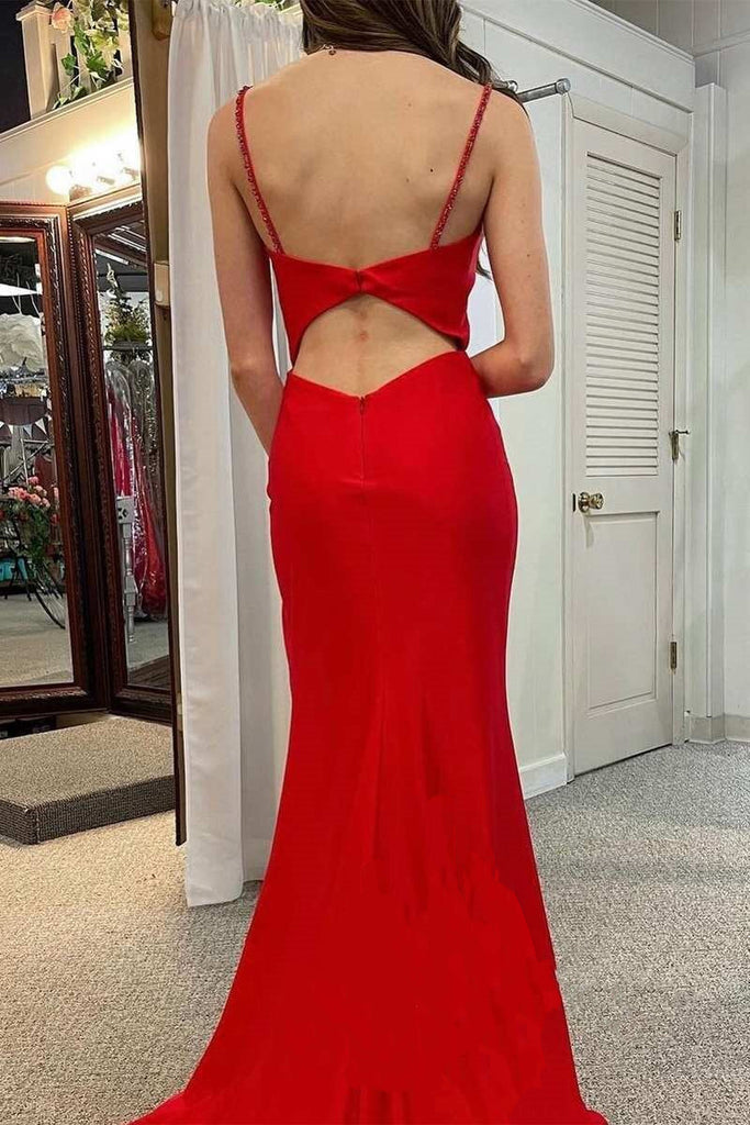 Red Cowl Neck Cutout Back Ruching Long Prom Dress, Formal Dress with Slit CHP0281