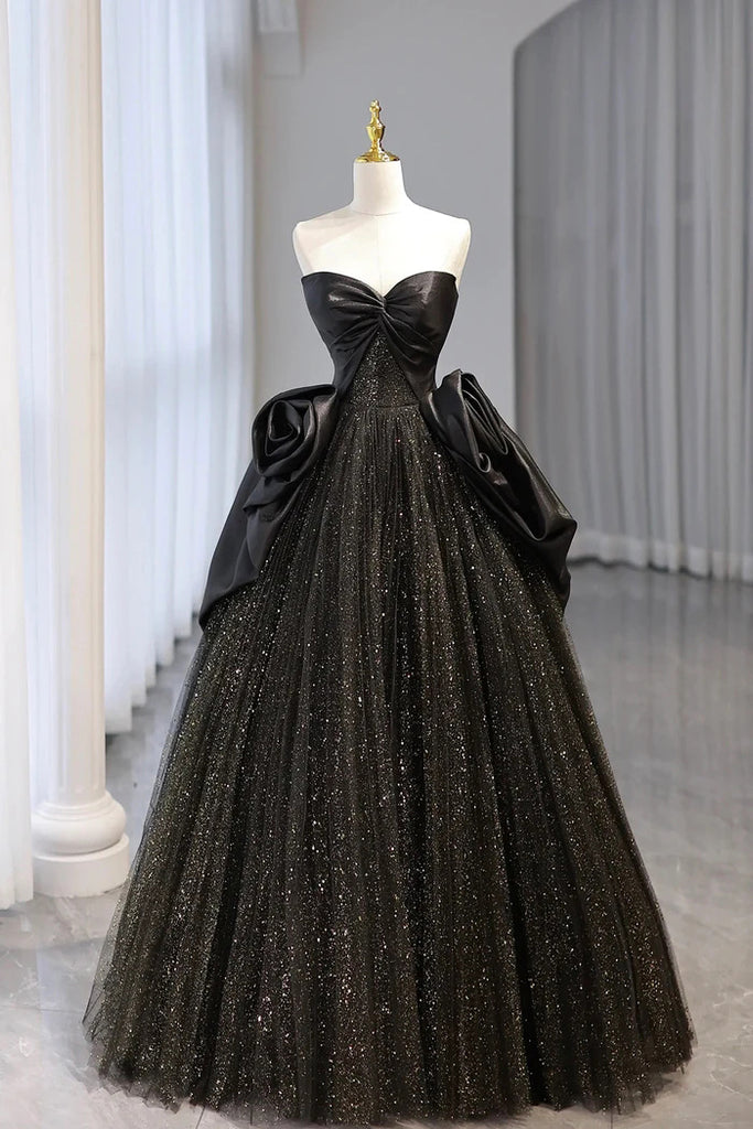 Black Strapless Satin and Tulle Long Prom Dress, Beautiful A-Line Evening Party Dress CHP0321