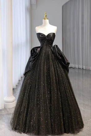Black Strapless Satin and Tulle Long Prom Dress, Beautiful A-Line Evening Party Dress CHP0321
