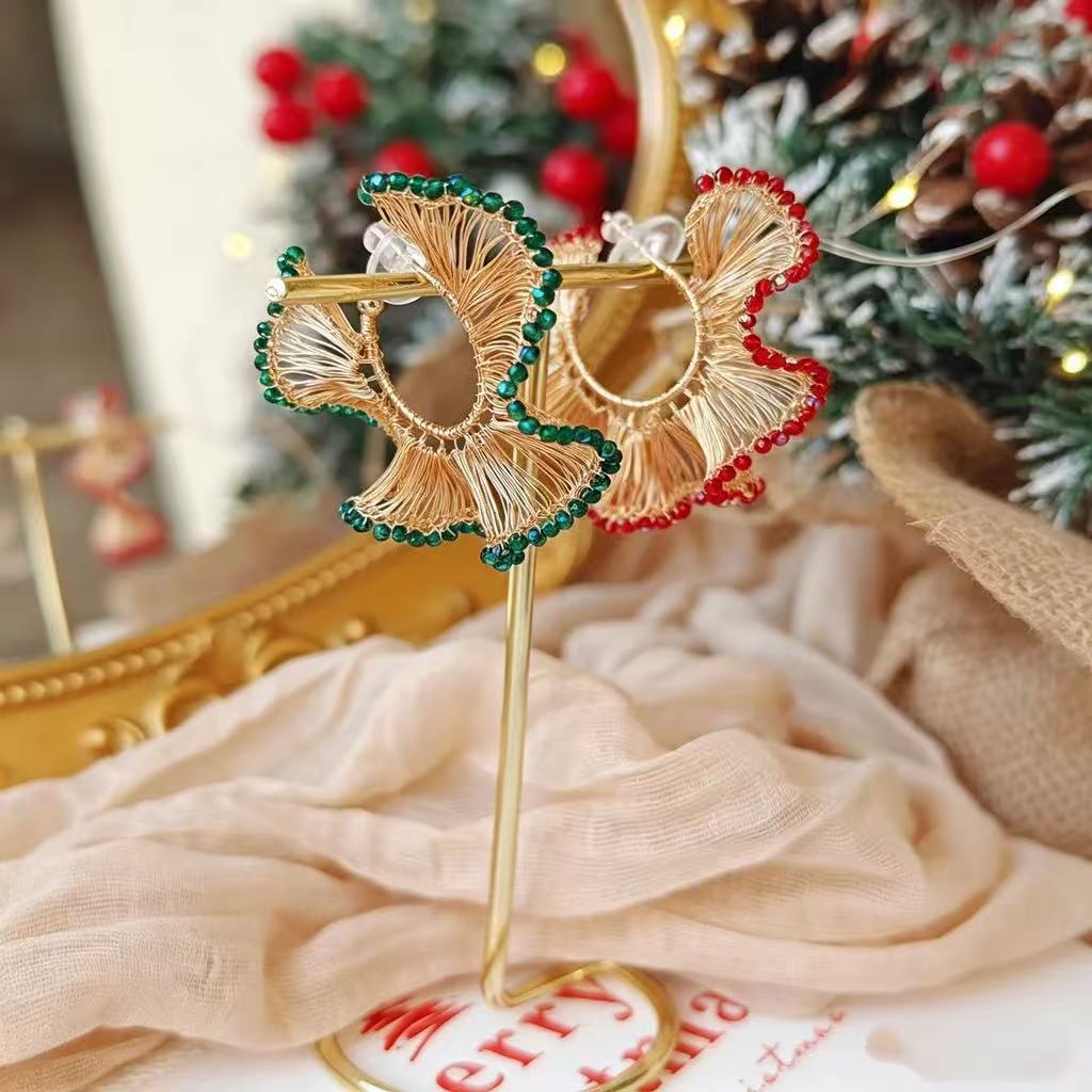 Limited Christmas Wire Crochet Romantic Ruffled Skirt Earrings, Crystal Art Jewelry CHJ1008