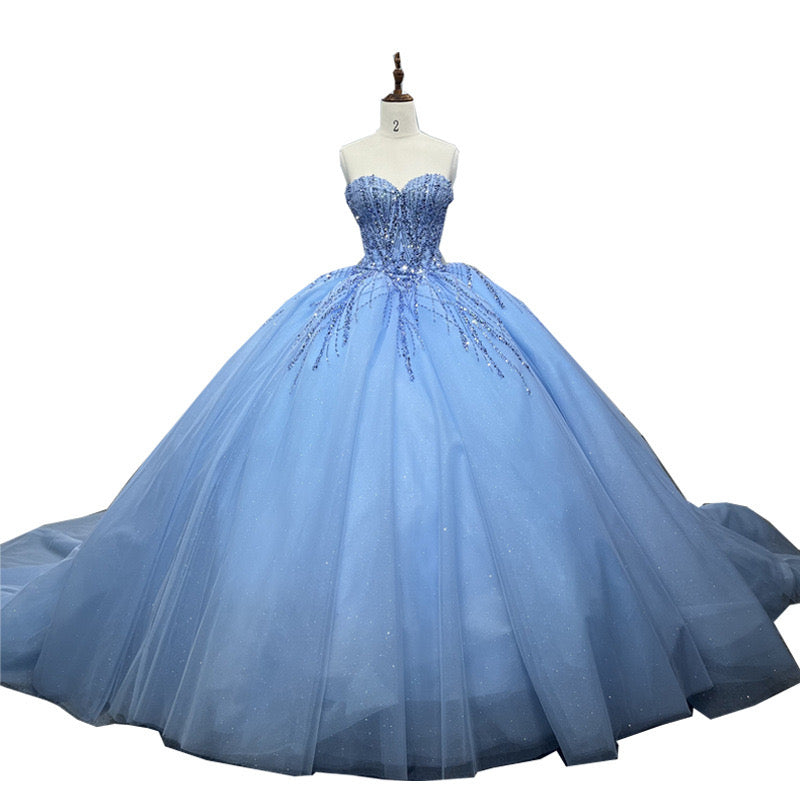 Shiny Ball Gown Blue Tulle A-Line Long Party Prom Dresses,Evening Dress CHP0361