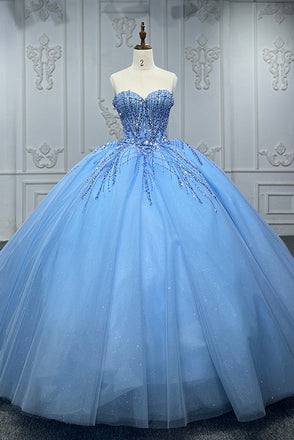 Shiny Ball Gown Blue Tulle A-Line Long Party Prom Dresses,Evening Dress CHP0361