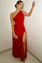 Red One-Shoulder Long Prom Dress, Simple Party Dress With Slit CHP0290