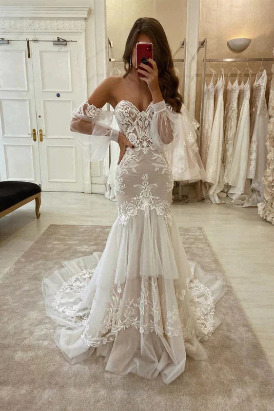 mermaid wedding dress with detachable sleeves Modern Detachable Long Sleeves Sweethart Lace Applique Mermaid Wedding Dresses