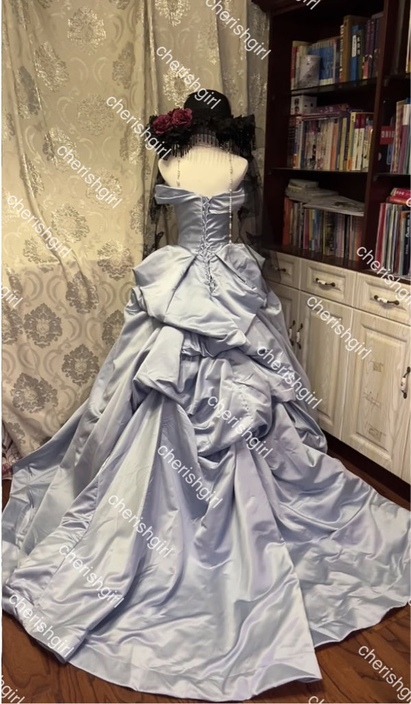 Light Blue Satin Ball Gown Prom Dress With Pleats, Princess Quinceanera Dresses CHP0407