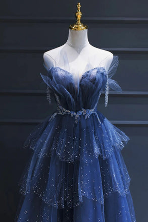 Blue Tulle Beaded Long Senior Prom Dress, A-Line Evening Party Dress CHP0318
