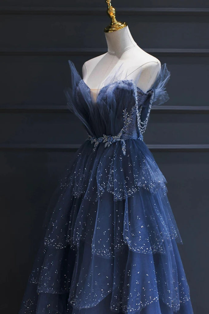 Blue Tulle Beaded Long Senior Prom Dress, A-Line Evening Party Dress CHP0318