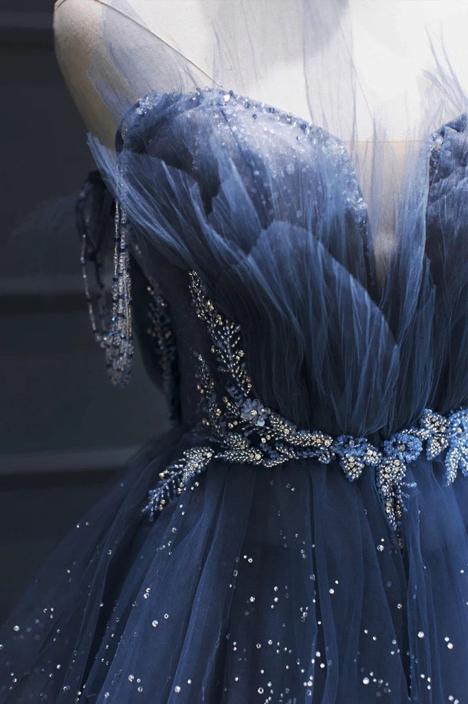 Blue Tulle Beaded Long Senior Prom Dress, A-Line Evening Party Dress CHP0318 Blue Tulle Beaded Long Senior Prom Dress, A-Line Evening Party Dress CHP0318
