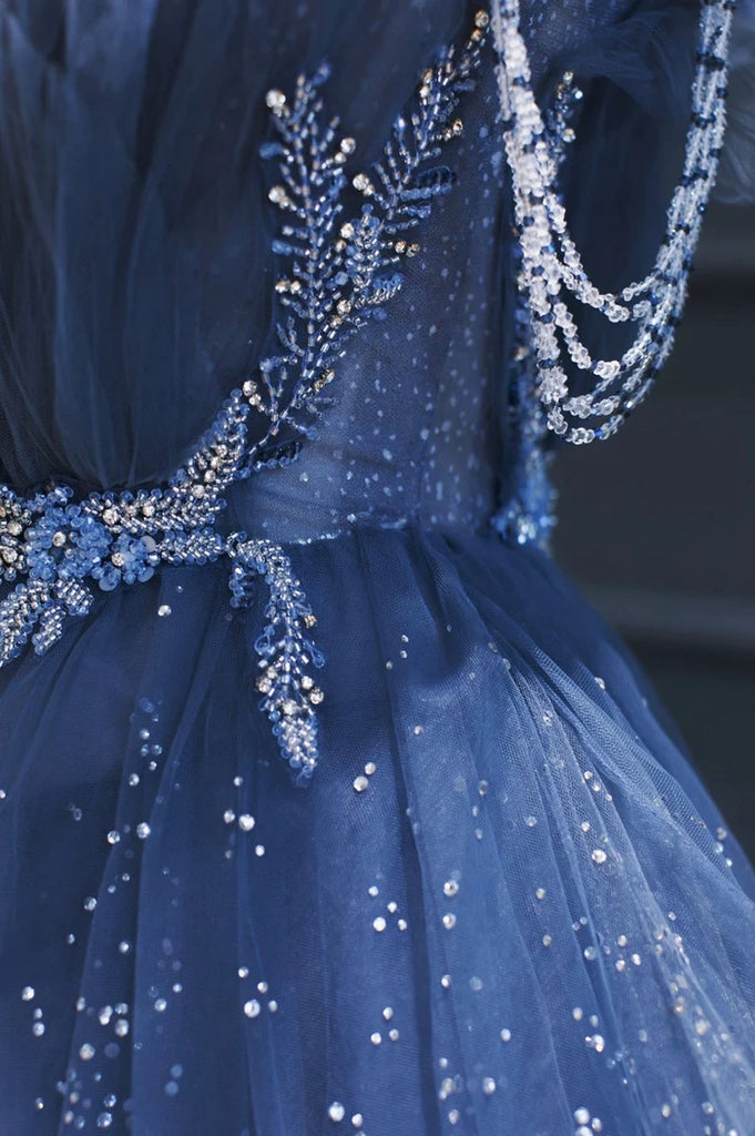 Blue Tulle Beaded Long Senior Prom Dress, A-Line Evening Party Dress C cherishgirls Blue Tulle Beaded Long Senior Prom Dress, A-Line Evening Party Dress C cherishgirls