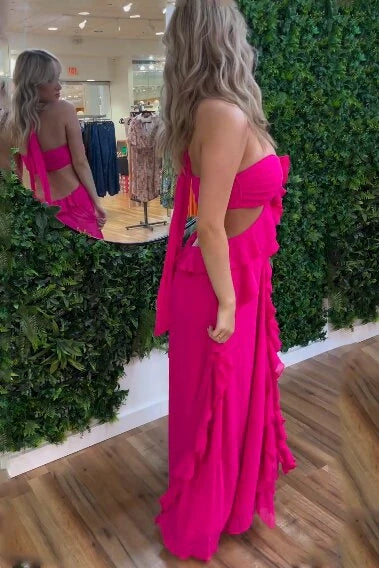 hot pink halter prom dress open lace back dress Hot Pink Halter Long Dress With Knot Detail