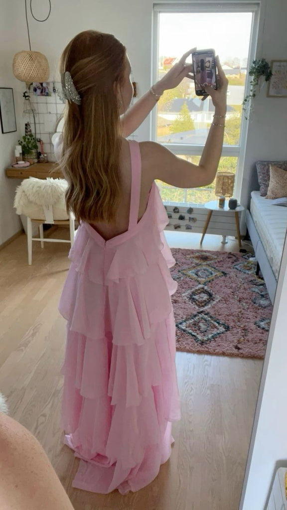 Halter Pink Chiffon A-Line Prom Dresses, Bridesmaid Dress CHP0419